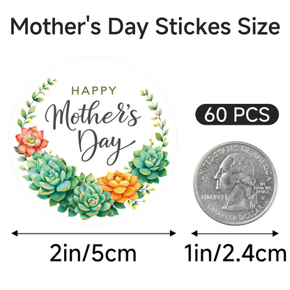 G2PLUS Mother's Day Stickers - 60Pcs Happy Mother's Day Gift Stickers 2 inches Round Mother's Day Labels Stickers with Succulent Plants for Mom's Gifts, Cards, Party Favors