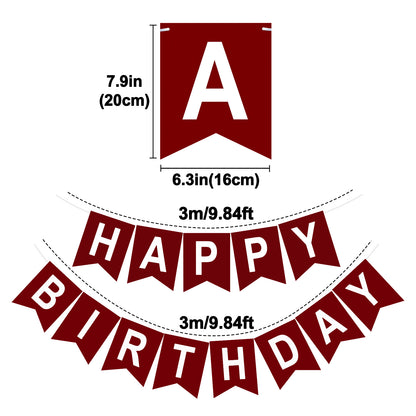 G2PLUS Pre-Strung Happy Birthday Banner Burgundy and White: 16 x 20 cm Large No-DIY Classic Birthday Banner for Elegant, Grown-up, Christmas Birthday Party Decorations