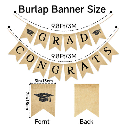 G2PLUS Congrats Grad Banner,Pre-strung Graduation Party Decorations Banner for School, Rustic Graduation Burlap Garland for College, Photo Backdrop, Indoor Outdoor Celebration