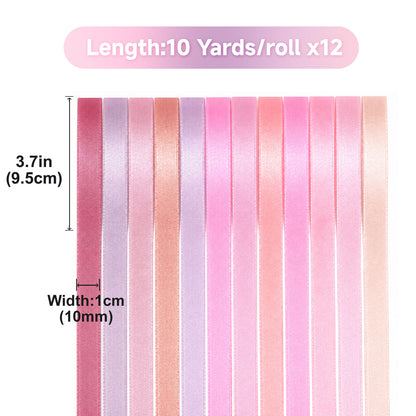 G2PLUS Pink Satin Ribbon for Gift Wrapping, 12 Rolls, 10mm x 9m 108m Total Gift Wrapping Ribbon, Ribbon for Weddings, Baby Showers, DIY Crafts, Bows, Bouquet Wrapping