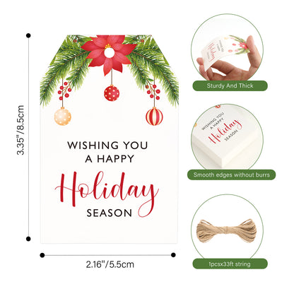 G2PLUS Holiday Season Gift Tags, 50PCS Wishing You A Happy Holiday Season Tags, Christmas Holiday Tags, Christmas Holiday Paper Gift Tags with String for Gift Wrapping, Seasonal Holiday Party Favors