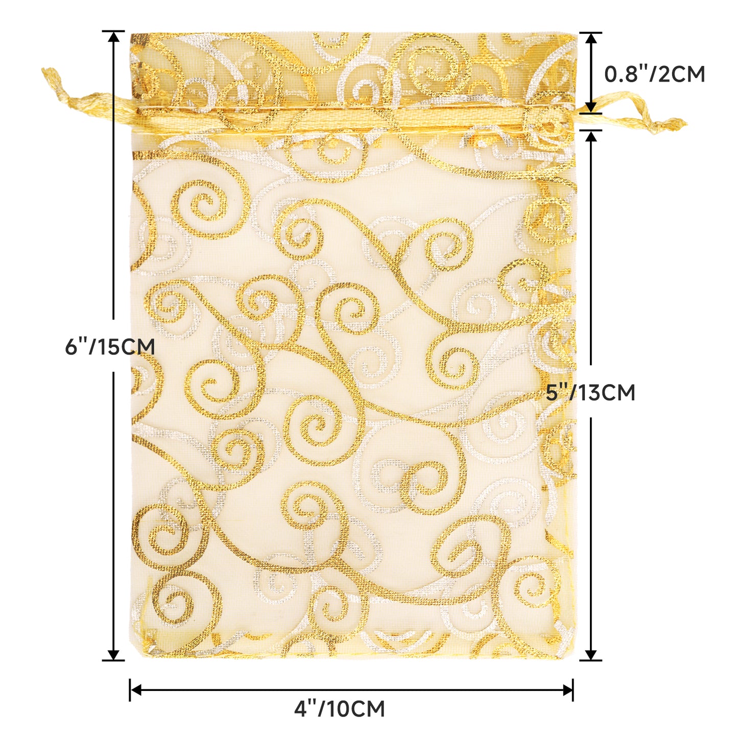 G2PLUS Organza Gift Bags 4x6 Inches - 50Pcs Sheer Mesh Organza Bags with Gold Rattan Printed, Drawstring Tulle Jewelry Pouches for Wedding, Christmas Party Favors