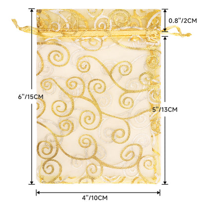 G2PLUS Organza Gift Bags 4x6 Inches - 50Pcs Sheer Mesh Organza Bags with Gold Rattan Printed, Drawstring Tulle Jewelry Pouches for Wedding, Christmas Party Favors