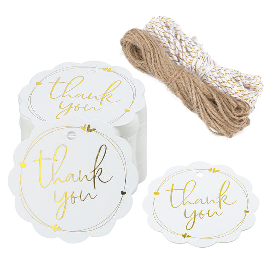 G2PLUS 50PCS Scalloped Thank You Gift Tags with String, White High-end Hang Gift Tags, 300g/m² Personalised Thank You Tags for Gifts Wrapping, Craft Project, DIY Wedding Favors