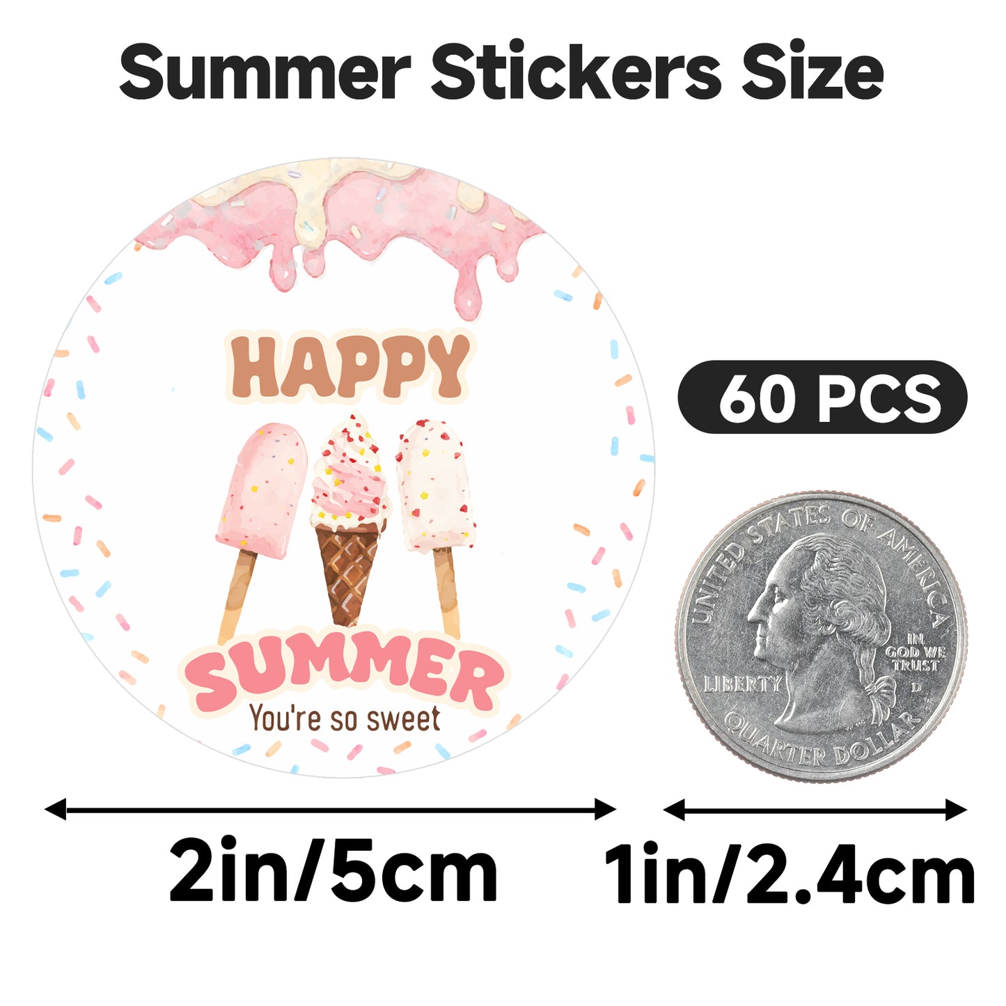 G2PLUS Summer Gift Stickers - 60Pcs Happy Summer Stickers 2 Inch Round Ice Cream Label Sticker for Envelope Seals, Gift Cards, Bags, Small Business, Hawaii Tropical Luau Party Favors