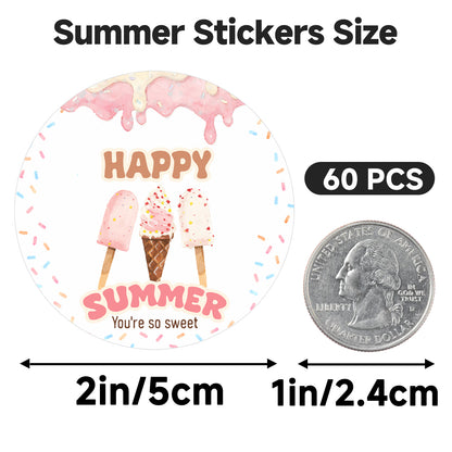 G2PLUS Summer Gift Stickers - 60Pcs Happy Summer Stickers 2 Inch Round Ice Cream Label Sticker for Envelope Seals, Gift Cards, Bags, Small Business, Hawaii Tropical Luau Party Favors