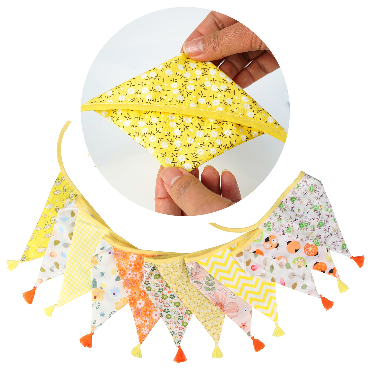 G2PLUS 10.8Ft Cotton Triangle Bunting Banner – 12pcs Yellow Floral Fabric Pennant Flag with Tassels, Double Side Triangle Banner Garland for Weddings, Birthdays, Garden & Baby Showers