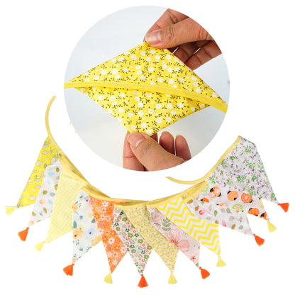 G2PLUS 10.8Ft Cotton Triangle Bunting Banner – 12pcs Yellow Floral Fabric Pennant Flag with Tassels, Double Side Triangle Banner Garland for Weddings, Birthdays, Garden & Baby Showers