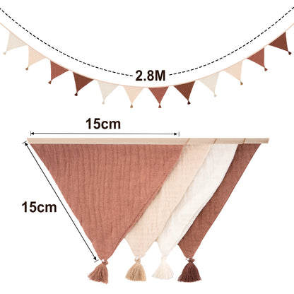 G2PLUS Cotton Fabric Bunting Banner, 9Ft Khaki Triangle Pennant Banner Flag, 12pcs Double-Sided Bunting Garland with Tassels for Birthday Party, Wedding, Holiday, Classroom Hanging Decor