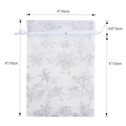 G2PLUS Christmas Drawstring Organza Bags, 50PCS Snowflake Organza Gift Bags, White Christmas Organza Bags 4x6, Mesh Sheer Organza Pouches, Xmas Winter Holiday Organza Bags for Jewelry, Candy, Goodies