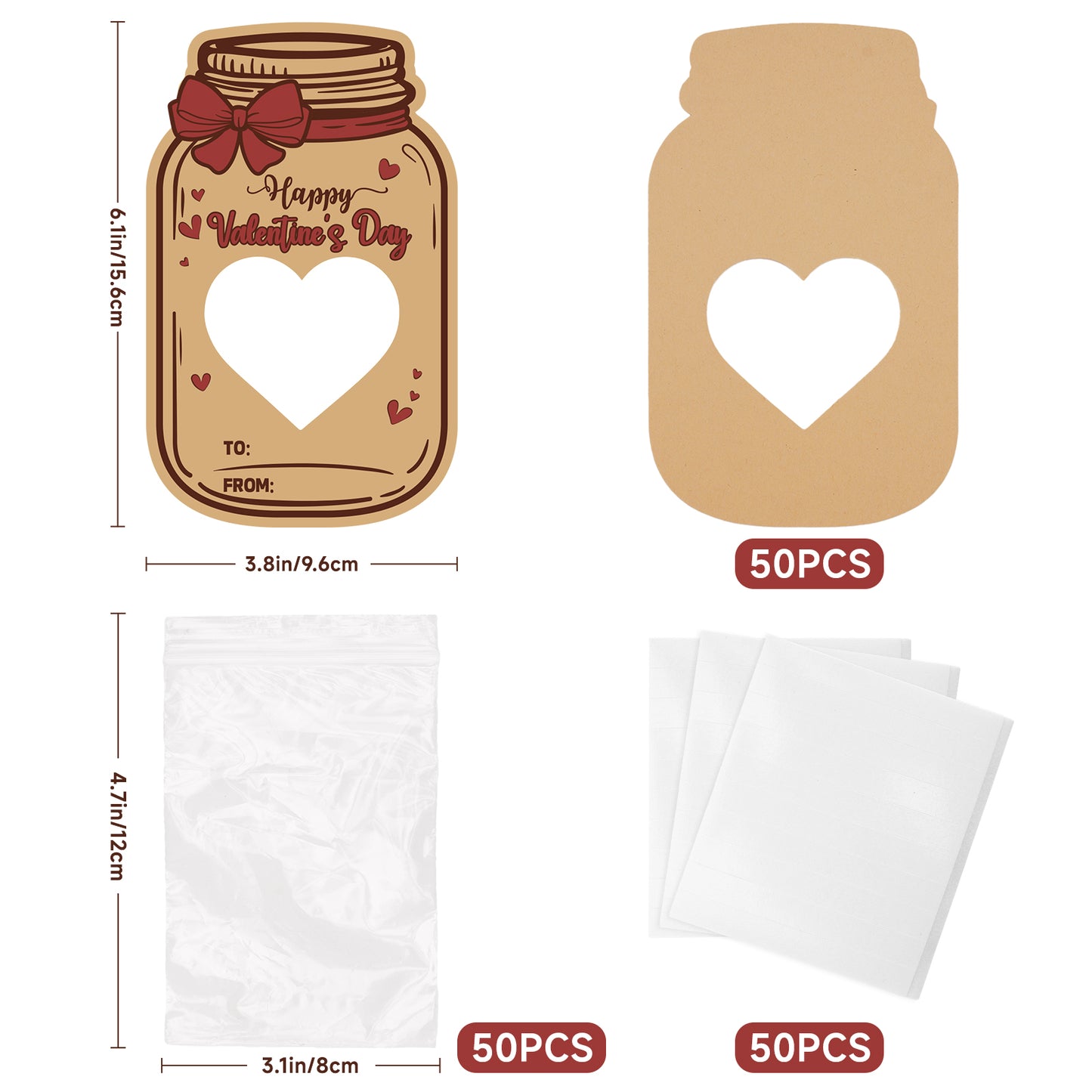 G2PLUS Valentines Day Cards, 50Pack Happy Valentine’s Day Mason Jar Cards with Treat Bags, Heart Cutout Blank Card for Classroom Valentines, Kids Exchange Cards & Valentine Party Favors