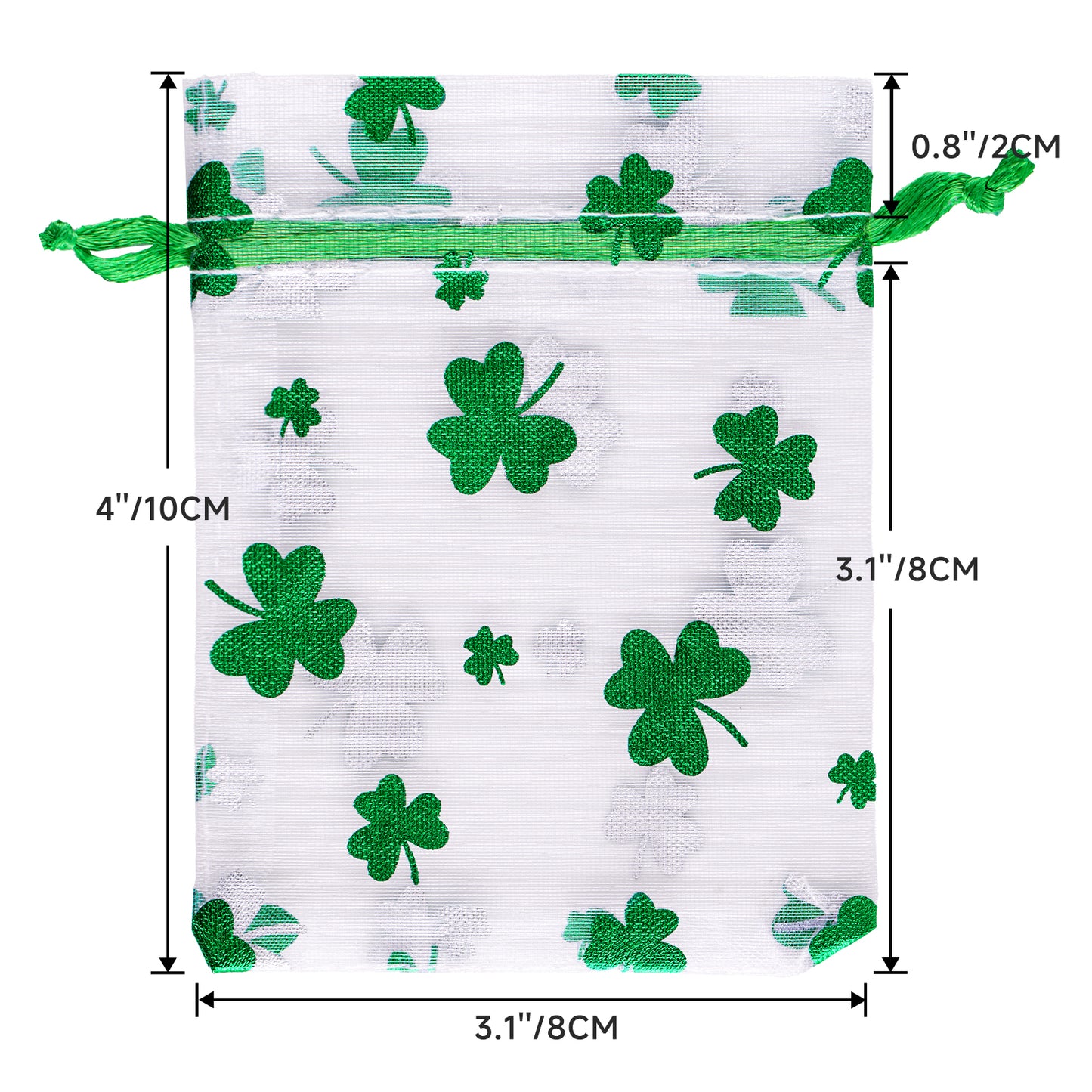 G2PLUS 50PCS St.Patrick's Day Gift Bags Organza 3x4in, Green Foil Shamrock Sheer Mesh Organza Pouches with Drawstring for St.Patrick's Day Party Favors, Candy Gift Bags & Wedding Favors