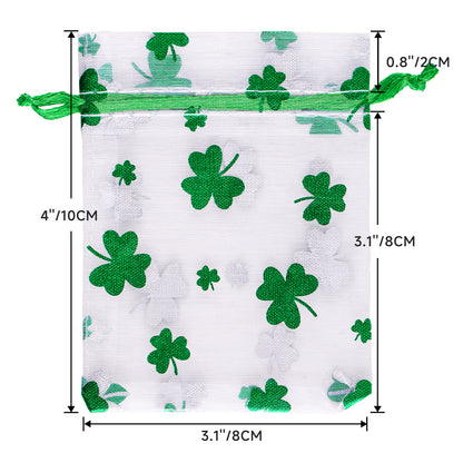 G2PLUS 50PCS St.Patrick's Day Gift Bags Organza 3x4in, Green Foil Shamrock Sheer Mesh Organza Pouches with Drawstring for St.Patrick's Day Party Favors, Candy Gift Bags & Wedding Favors