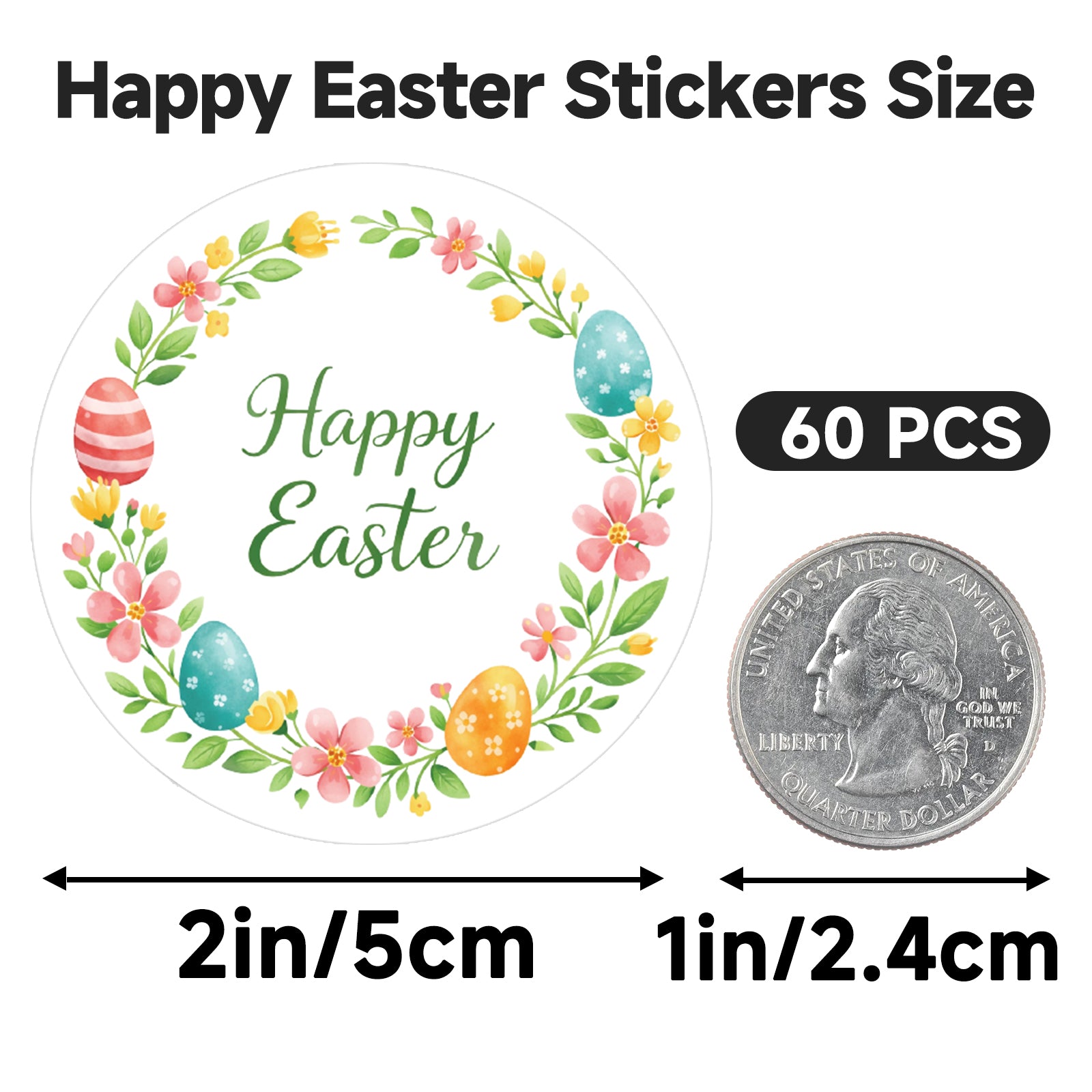 G2PLUS Happy Easter Stickers - 60Pcs Easter Eggs Labels for Baskets 2 Inch Round Watercolors Flower Wreath Sticker for Goddies Bags, Cards, Envelope Seals, Party Supplies - G2Plus