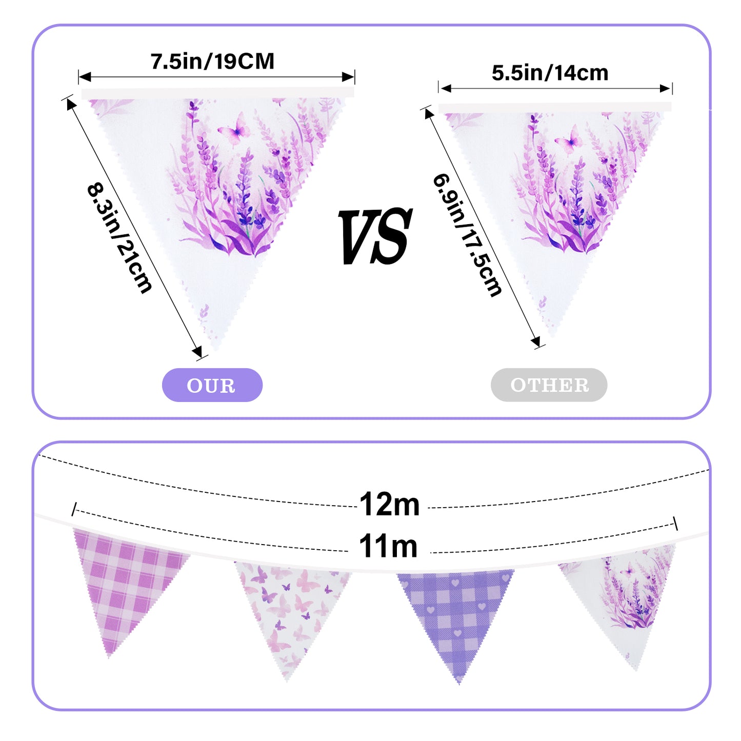 G2PLUS Purple Triangle Bunting Banner, 39FT Extra Long Reusable Cotton Triangle Flags, Pre-Sewn Gingham Garland Pennant Banner for Garden Party, Bridal Shower & Outdoor Decor