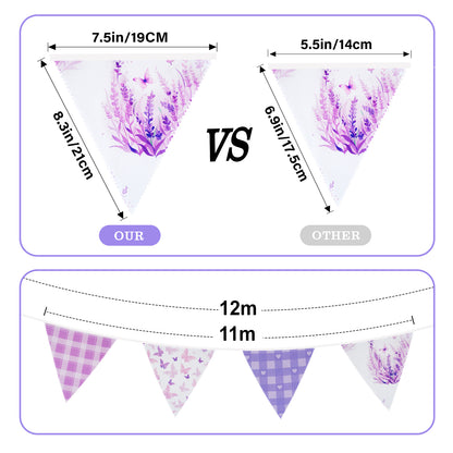 G2PLUS Purple Triangle Bunting Banner, 39FT Extra Long Reusable Cotton Triangle Flags, Pre-Sewn Gingham Garland Pennant Banner for Garden Party, Bridal Shower & Outdoor Decor