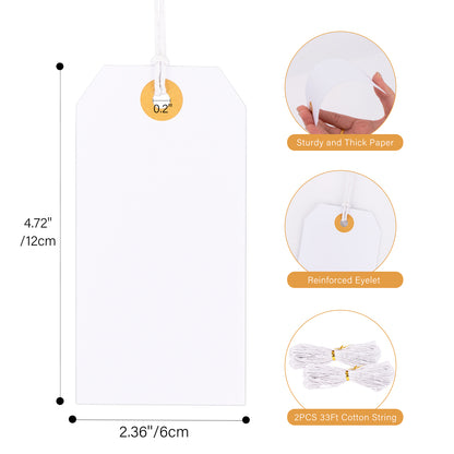 G2PLUS 100PCS Price Tags, Blank Shipping Tags, 2.36 x 4.72 inches Marking Label Tags, White Tags with String Attached, Clothing Label Hang Tags, Blank Tags with Reinforced Hole for Inventory Sales