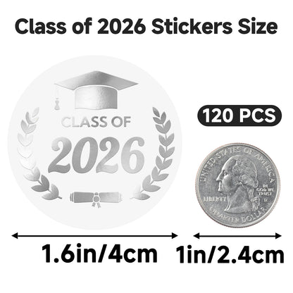 G2PLUS Graduation Stickers - 120Pcs Class of 2026 Stickers 1.6in Silver Foil Graduation Cap Stickers Transparent Envelope Seal Sticker for Congrats Grad Invitation and Grad Party Favors