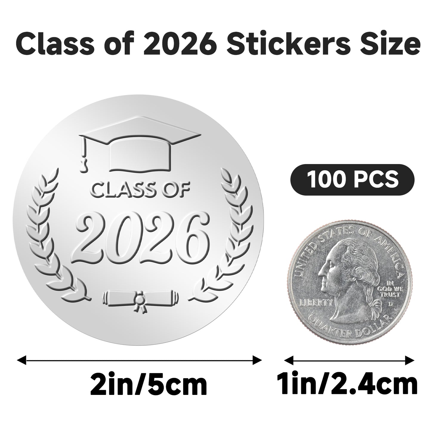 G2PLUS 100Pcs Class of 2026 Stickers - Silver Foil Embossed Graduation Stickers 2 Inch Graduation Cap Envelope Seal Labels for Diplomas Certificates Gradutes Awards Invitation Party Favors