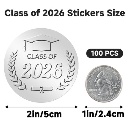 G2PLUS 100Pcs Class of 2026 Stickers - Silver Foil Embossed Graduation Stickers 2 Inch Graduation Cap Envelope Seal Labels for Diplomas Certificates Gradutes Awards Invitation Party Favors