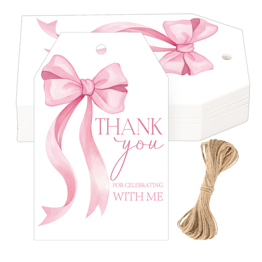 G2PLUS Pink Bow Thank You Tags, Bowknot Gift Tags for Baby Shower, 50Pcs White Paper Thank You for Celebrating with Me Labels Hanging Tag for Bridal Shower, Wedding, Birthday Party Favors