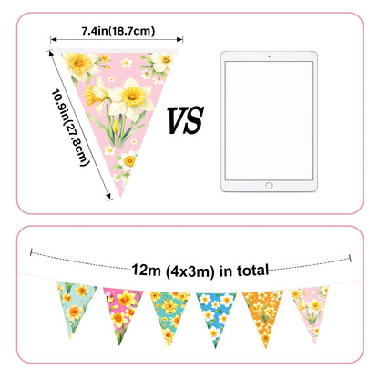 G2PLUS Floral Triangle Banner, 39Ft Pre-Strung Wildflower Paper Bunting Garland, Double Sided Pennant Banner for Tea Party, Birthday, Baby Shower, Garden, Spring Party Decorations (Yellow Narcissus)