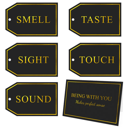 G2PLUS 5 Senses Gift Tags with String for Him and Her – High-end Black and Gold Gift Tags Set with Sense Greeting Card for Anniversary, Valentine’s Day, Birthday, Christmas