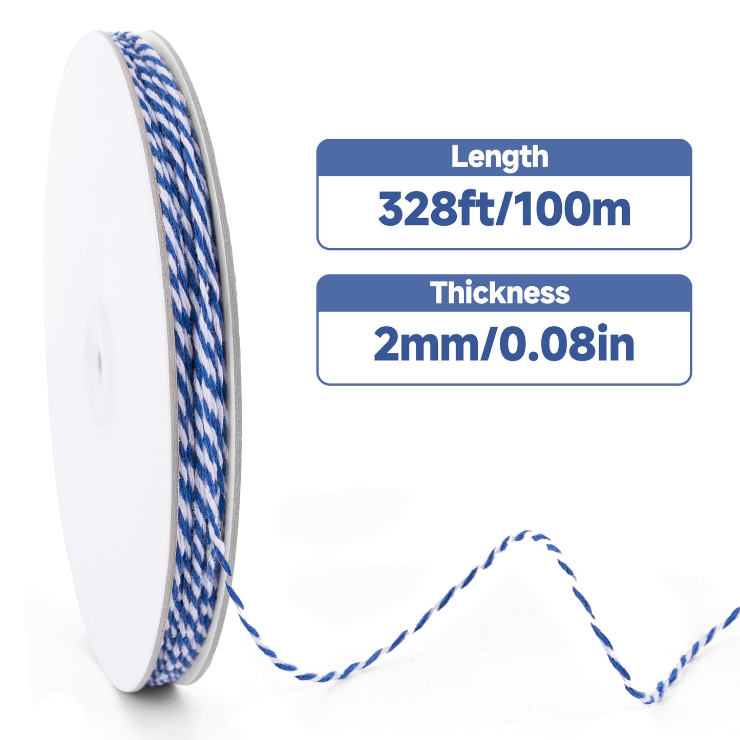 G2PLUS White Blue String - 2mm 328ft White Blue Cotton Twine String for Gift Wrapping, Baking, DIY Crafts, Christmas Holiday Decorations
