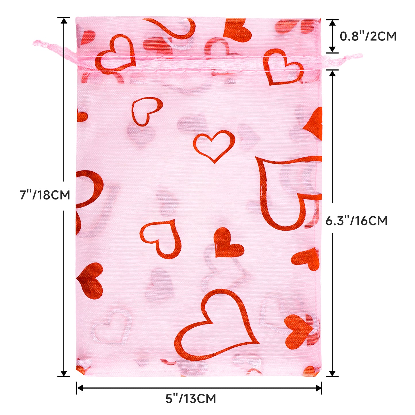 G2PLUS 50PCS Valentines Gift Bags Organza 5x7in, Pink Foil Heart Sheer Mesh Organza Pouches with Drawstring for Valentines Day Party Favors, Candy Gift Bags & Wedding Favors