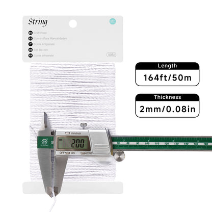 G2PLUS 2mm 164Ft White Cotton Twine - 2 Ply Craft String Cotton Rope for Gift Wrapping, DIY Crafts, Decorations & Small Business Packaging