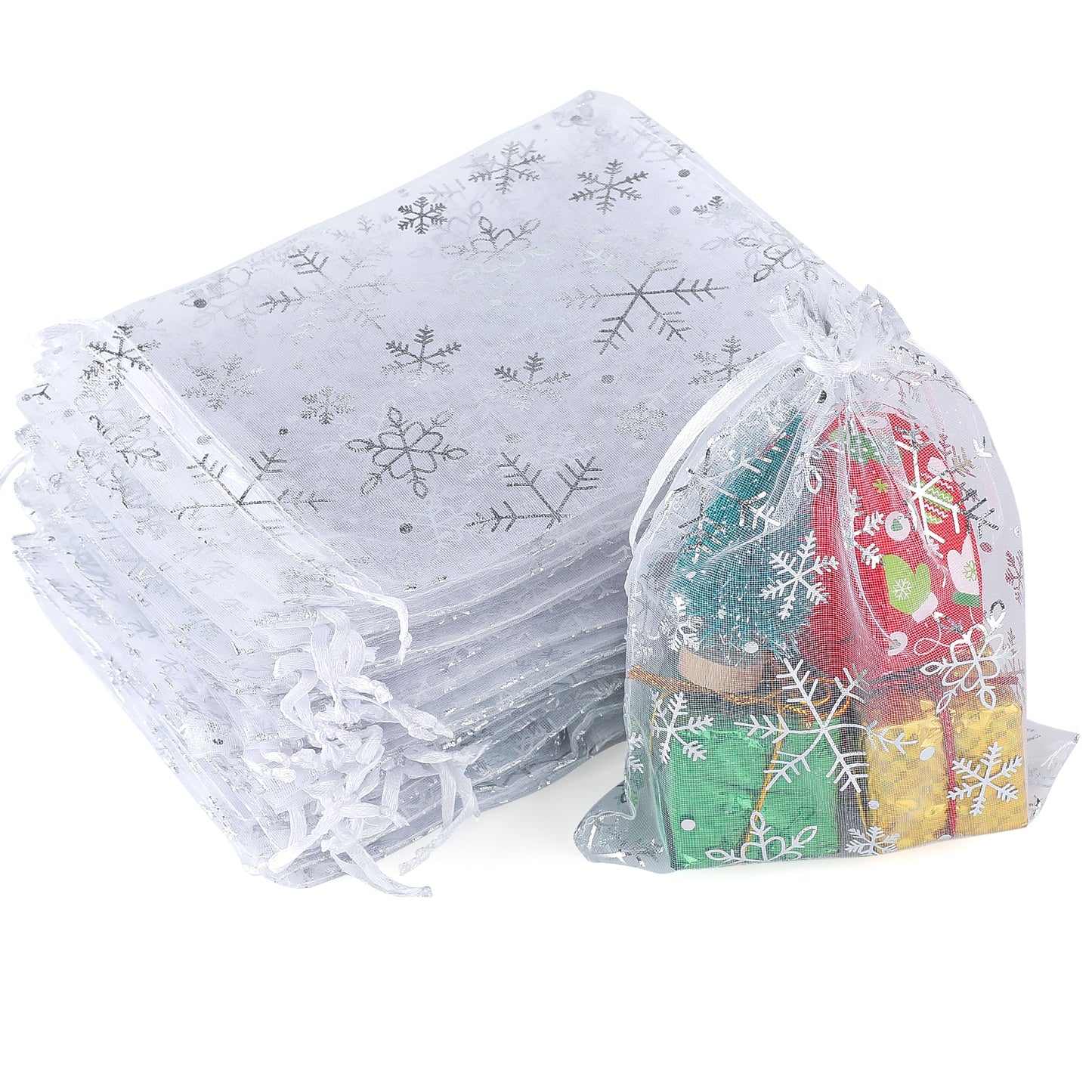 G2PLUS White Christmas Organza Bags, 13x18CM Snowflake Organza Bags, Large Xmas Gift Pouches for Presents, 50 PCS Xmas Snowflake Gift Pouches for Reindeer Food, Christmas, Advent Calendars