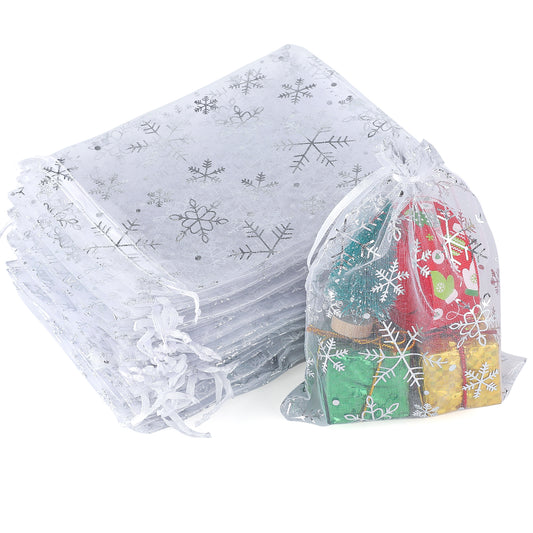 G2PLUS White Christmas Organza Bags, 13x18CM Snowflake Organza Bags, Large Xmas Gift Pouches for Presents, 50 PCS Xmas Snowflake Gift Pouches for Reindeer Food, Christmas, Advent Calendars