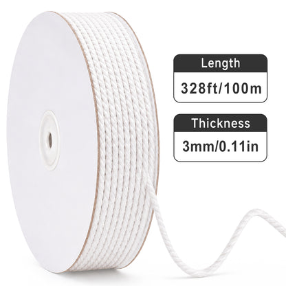 G2PLUS White Macrame Cotton Rope Cord 3MM Craft Cotton Twine String, 100M Durable Bakers Twine for DIY Crafts and Handmade Arts (White)