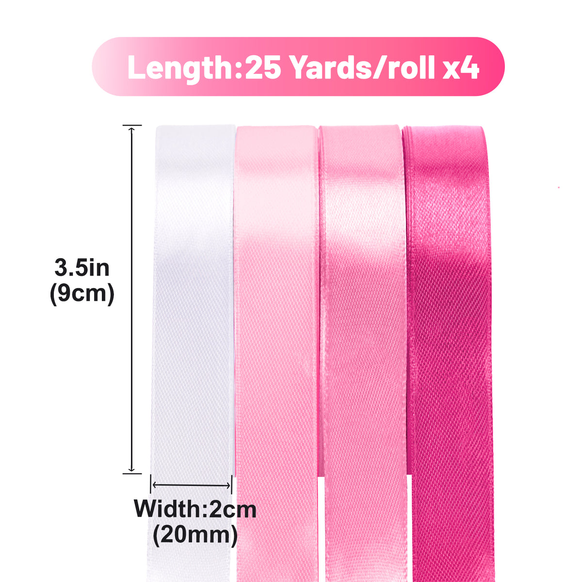 G2PLUS Pink Satin Ribbon for Gift Wrapping, 4 Rolls, 20mm x 22m 88m Total Gift Wrapping Ribbon, Ribbon for Birthday Parties, Baby Showers, DIY Crafts, Bows, Bouquet Wrapping