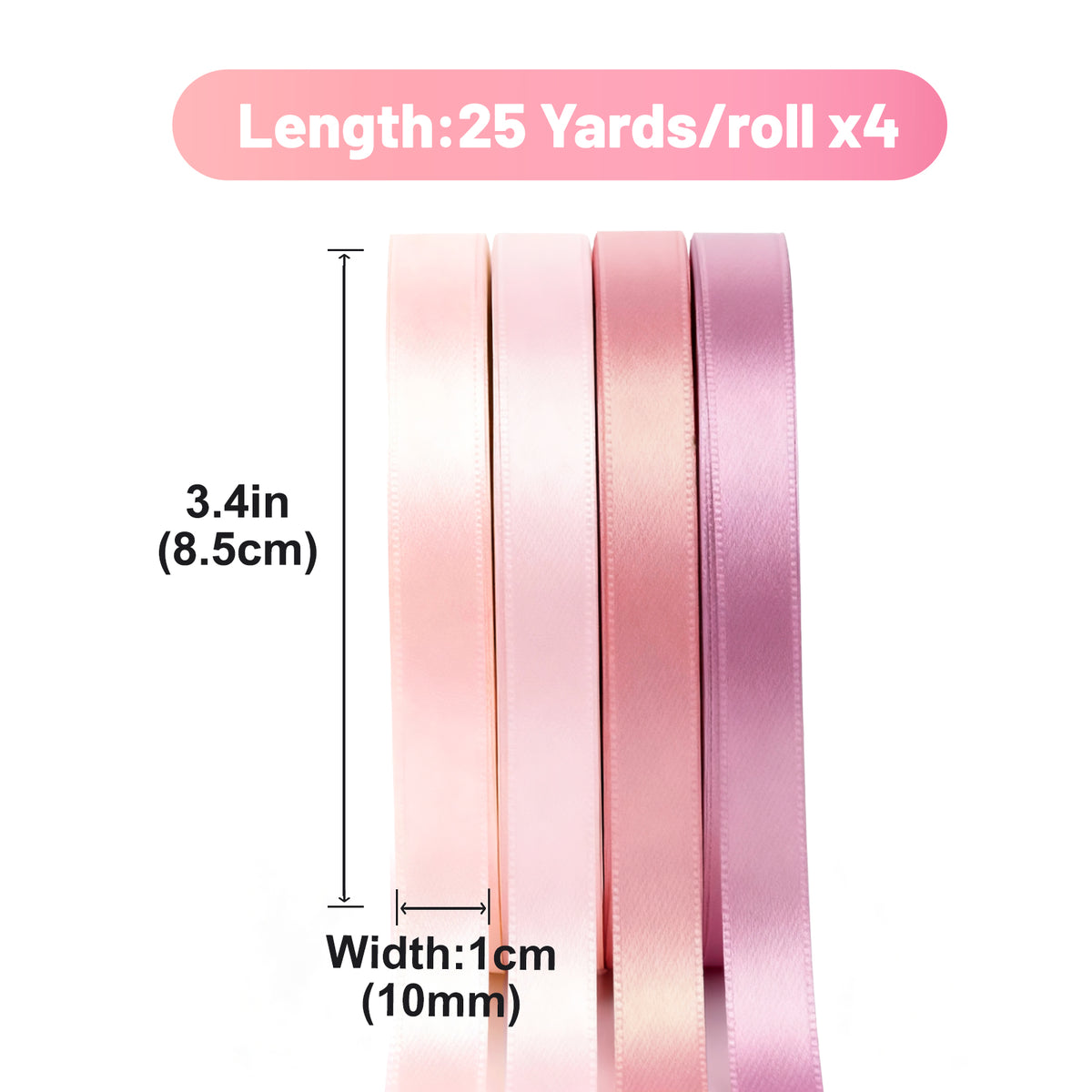 G2PLUS Dusty Pink Satin Ribbon for Gift Wrapping, 4 Rolls, 10mm x 22m 88m Total Gift Wrapping Ribbon, Ribbon for Weddings, Baby Showers, DIY Crafts, Bows, Bouquet Wrapping