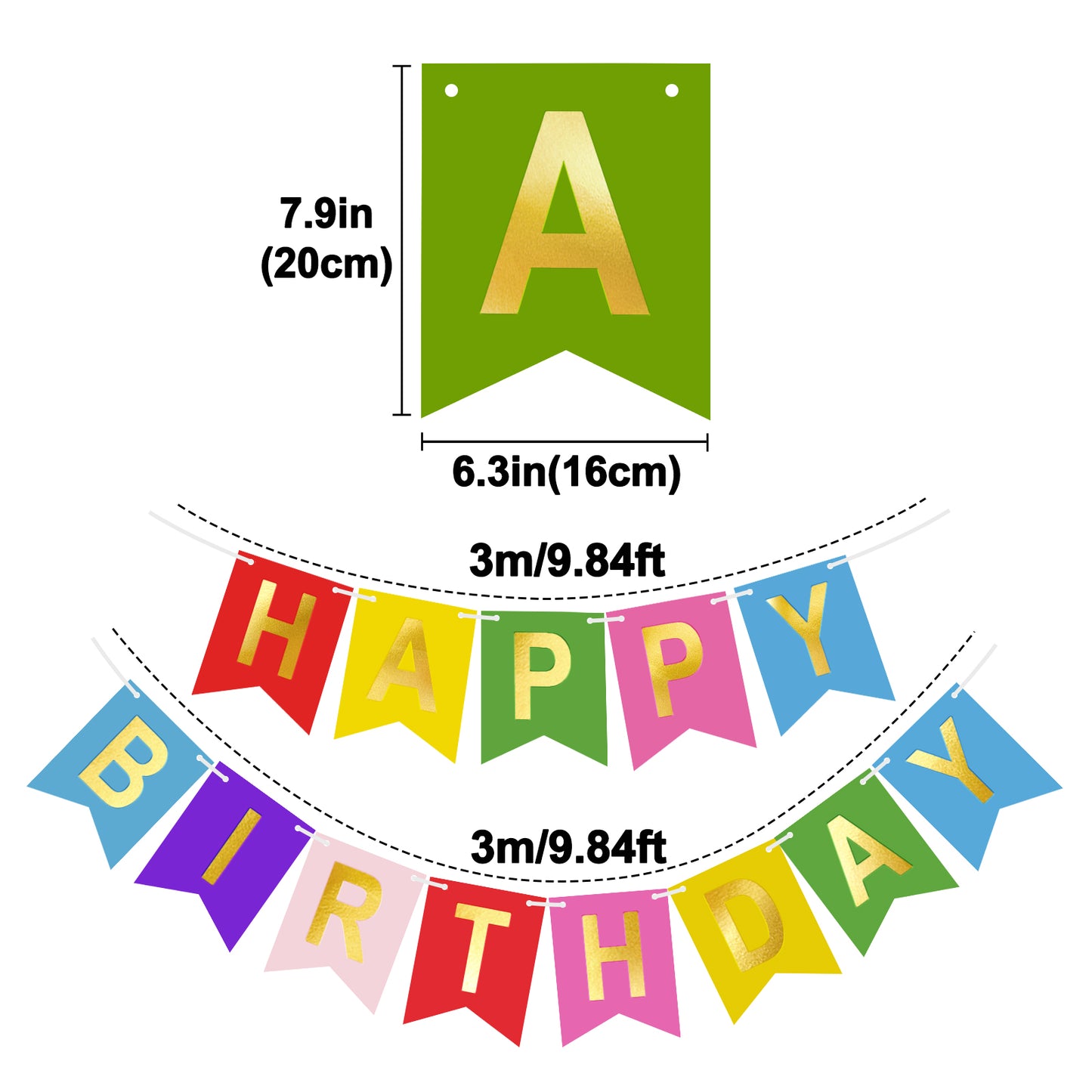 G2PLUS Pre-Strung Happy Birthday Banner Gold Corlorful: 16 x 20 cm Large No-DIY Birthday Banner for Kid's Birthday Party Decorations