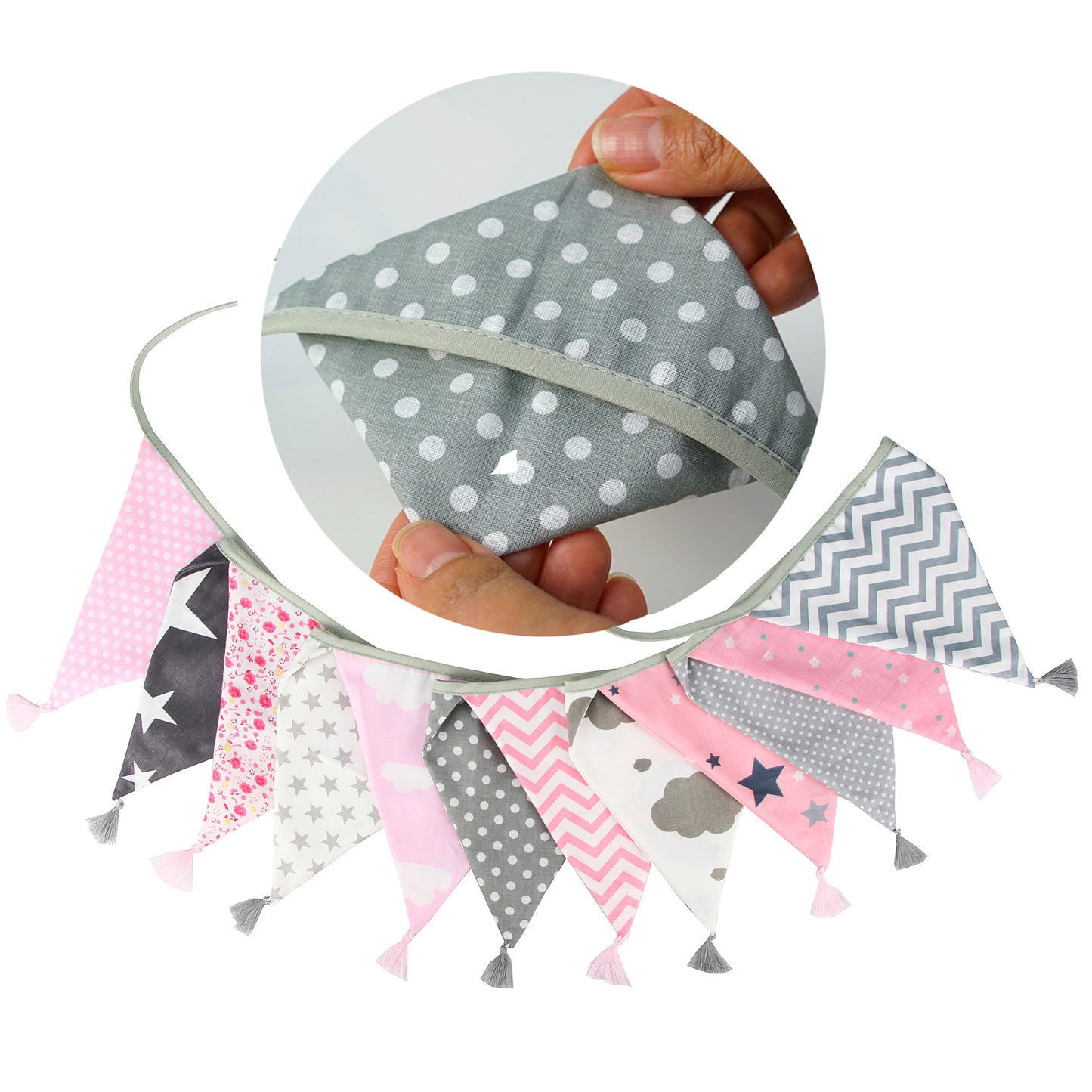 G2PLUS 10.8Ft Cotton Triangle Bunting Banner – 12pcs Pink and Grey Fabric Pennant Flag with Tassels, Double Side Triangle Banner Garland for Weddings, Birthdays, Garden & Baby Showers