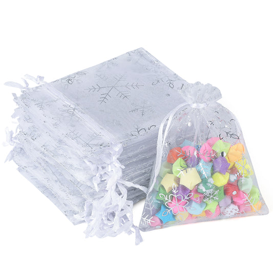 G2PLUS White Christmas Organza Bags, 9x12CM Snowflake Organza Bags, Small Xmas Gift Pouches for Presents, 50 PCS Xmas Snowflake Gift Pouches for Reindeer Food, Christmas, Advent Calendars