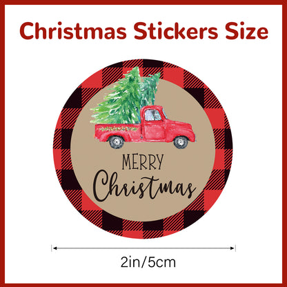 G2PLUS Merry Christmas Stickers, 120PCS Christmas Truck Stickers, 2'' Round Christmas Gift Stickers, Red Black Buffalo Plaid Christmas Stickers, Xmas Tree Gift Stickers for Cards and Envelope Seals