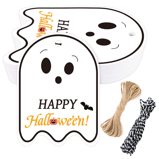 G2PLUS Happy Halloween Tags - 50 Pcs Ghost Paper Gift Tags with String for Trick or Treat Bags, Spooky Halloween Party Favors Tag for Candy Bags, DIY Crafts, Gift Wrapping(2.5x3.5 in)