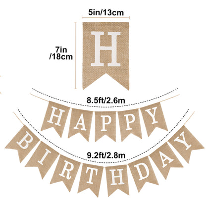 G2PLUS Happy Birthday Banners, Pre-Strung Burlap Happy Birthday Banner Sign, Rustic Happy Birthday Garland Bunting for Party Decorations, Reusable Hanging Backdrop for Cake Table