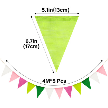 G2PLUS Pre-Strung Burlap Pennant Banner, 65Ft Pink Green and White Triangle Flag Bunting, 60pcs Pennant Banner Bunting Garland for Birthday, Wedding, Camping, Rustic Boho Theme Party Decorations