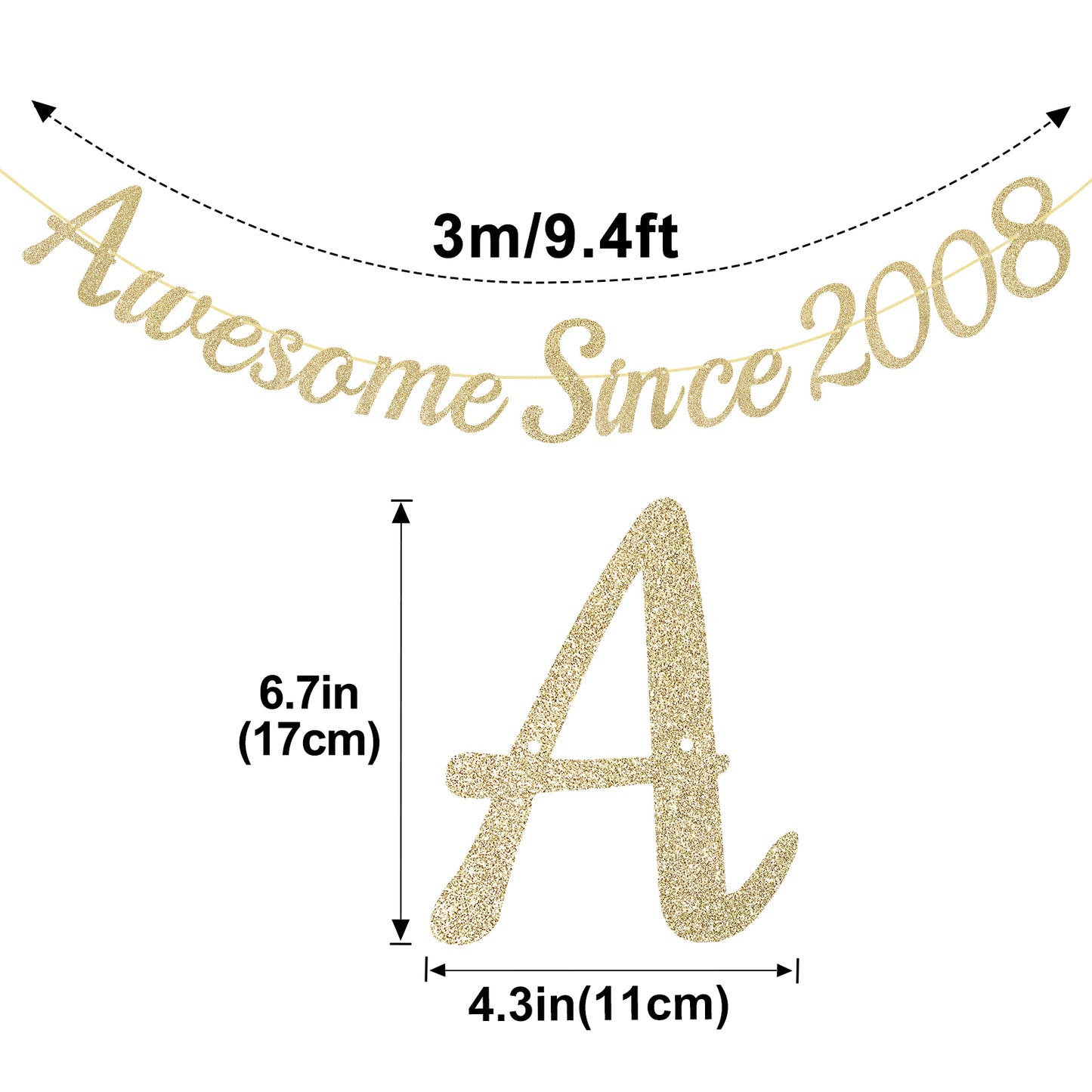 G2PLUS Pre-Strung 18th Birthday Banner, Glitter 18th Birthday Decorations Champagne Gold Happy 18th Birthday Banner, 3m Awesome Since 2008 Banner, 18th Birthday Party Decorations