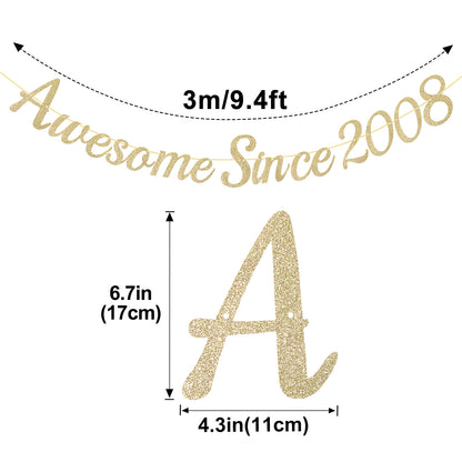 G2PLUS Pre-Strung 18th Birthday Banner, Glitter 18th Birthday Decorations Champagne Gold Happy 18th Birthday Banner, 3m Awesome Since 2008 Banner, 18th Birthday Party Decorations