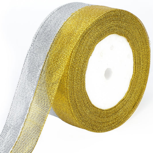 G2PLUS Gold and Silver Organza Gift Wrap Ribbon, 20mm Sparkly Decorative Christmas Ribbon, Ribbon for Gift Wrapping 44M Glitter Metallic Ribbon for Christmas Easter Wrapping Gift Craft, 2 Roll x 22M