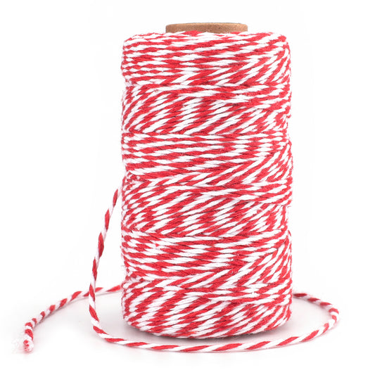 G2PLUS Rot Weiß Baumwollschnur, 2mm Geschenkschnur zum Einpacken von Geschenken, 100m Weihnachten Bastelschnur, Zweifarbige Dekoband Kordel für Adventskalender Weihnachten Geschenke Verpackt