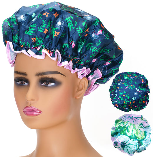 G2PLUS 2PCS Large Shower Cap for Long Hair, 32CM Green Hair Caps for Girls and Women, Reusable Elastic Bath Caps for Girls Spa Home Use