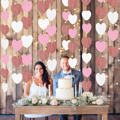 G2PLUS Glitter Paper Garland, Reflective Paper Garlands, Sparkling Hangings Streamer, Paper Garland Decoration for Birthday Wedding Graduation（Rose Gold White, 16m, Heart）