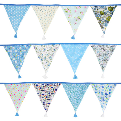 G2PLUS 10.8Ft Cotton Triangle Bunting Banner – 12pcs Blue Floral Fabric Pennant Flag with Tassels, Double Side Triangle Banner Garland for Weddings, Birthdays, Garden & Baby Showers