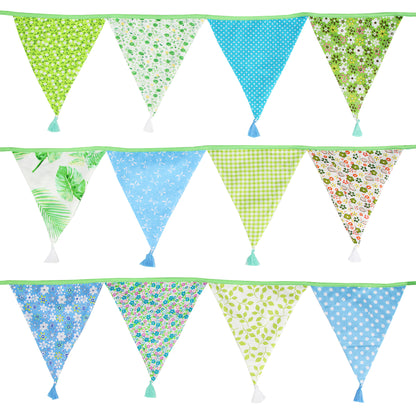 G2PLUS 10.8Ft Cotton Triangle Bunting Banner – 12pcs Blue and Green Floral Fabric Pennant Flag with Tassels, Double Side Triangle Banner Garland for Weddings, Birthdays, Garden & Baby Showers